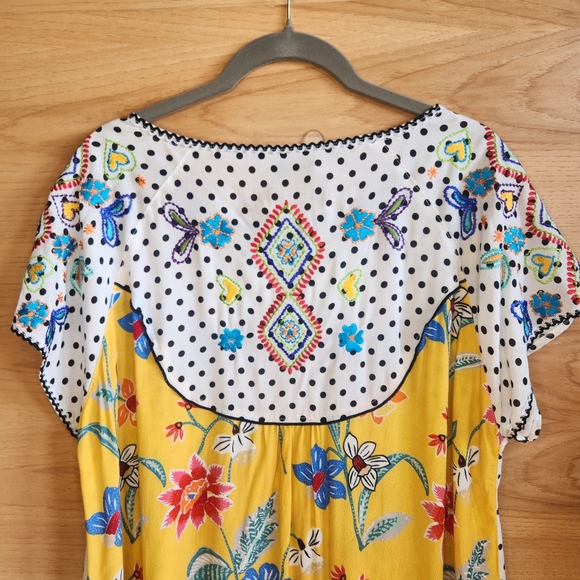 JOHN MARK EMBROIDERED SHORT SLEEVE COLORFUL PEASANT TOP BLOUSE TASSLE TIE MEDIUM - Picture 2 of 7